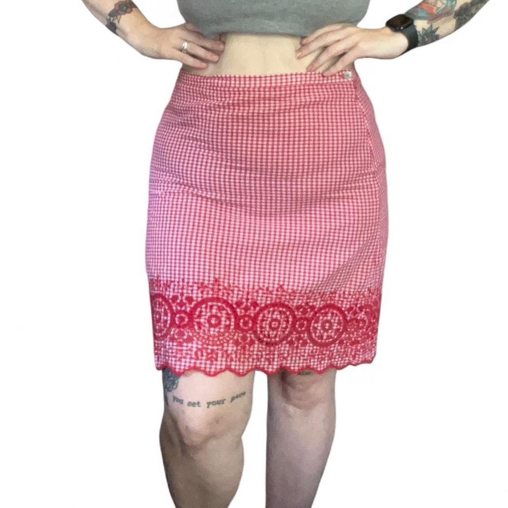 Sophie‎ Max Red Gingham Eyelet Lace Scalloped Hem Mini Skirt XL 1804F13